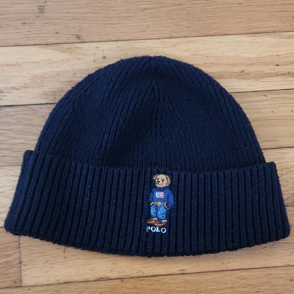 Polo Ralph Lauren Bear Navy Knit Beanie Hat Stretch One Size Men Classic